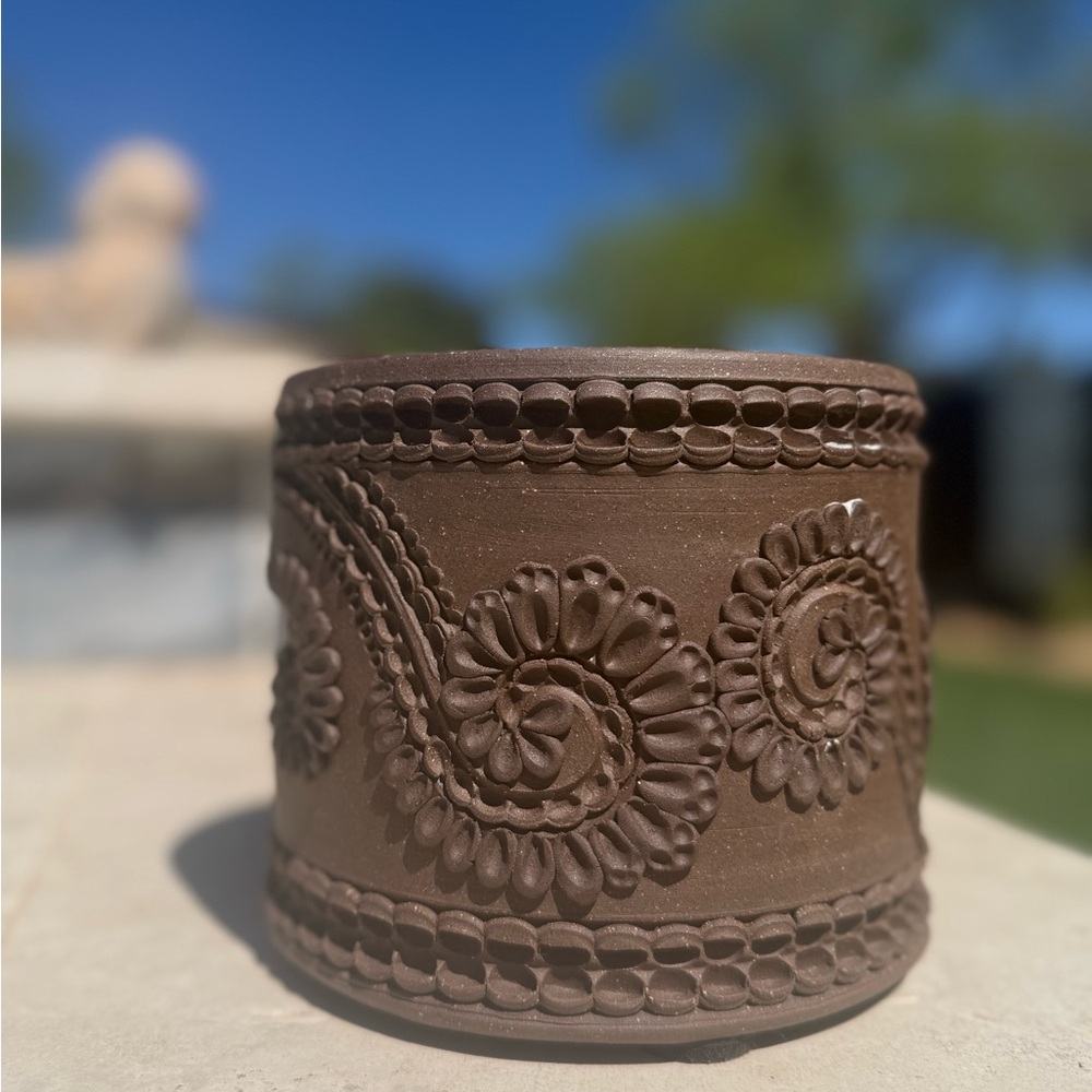 Goddess Ceramic Planter with Carved Floral Motif (photos depict female anatomy)